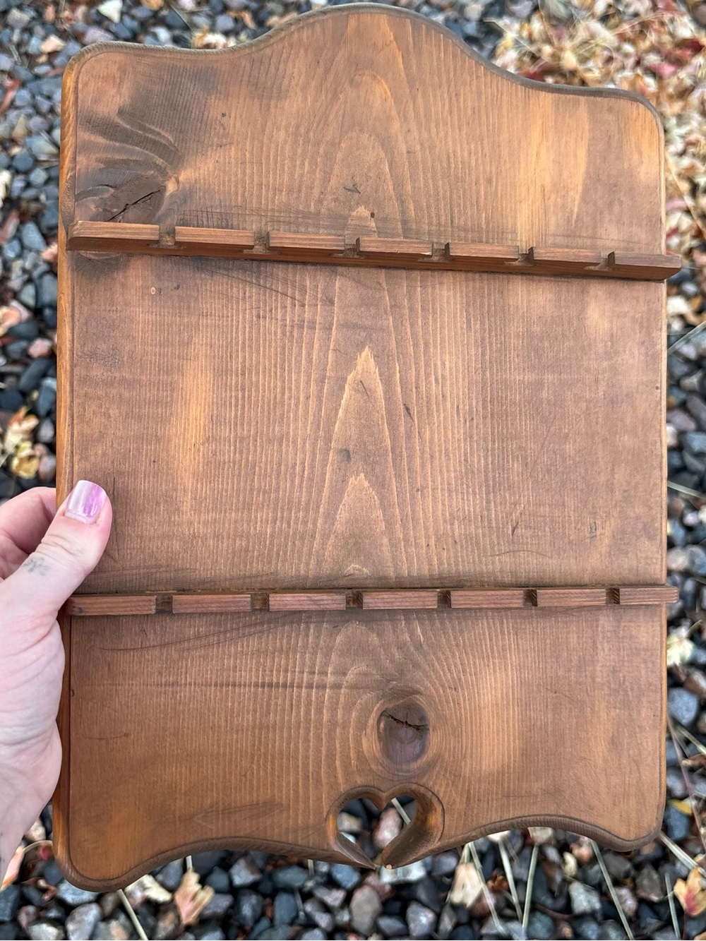 Vintage MCM Spoon Rack, Wooden Hanging Display Rack with Heart Cut-Out Detail